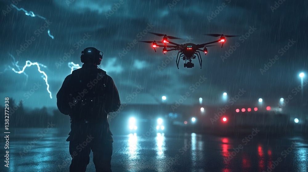 Operating Drone During Storm with Heavy Rain and Lightning