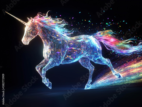 Luminous Unicorn: Crystalline Fantasy Creature with Rainbow Light Trail