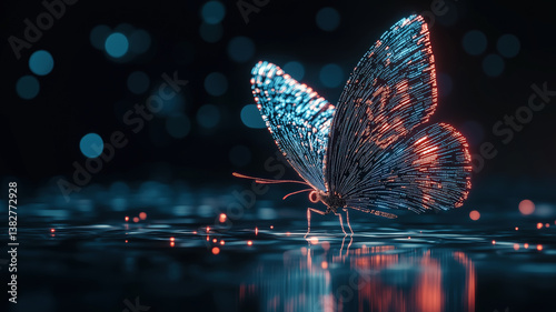 Digital Butterfly: Glowing Blue and Orange Insect on Reflective Surface
