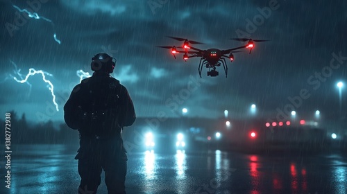 Obraz na płótnie Operating Drone During Storm with Heavy Rain and Lightning w salonie