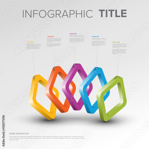 A 3D infographic featuring overlapping, colorful rhombus shapes with corresponding information text boxes. The vibrant design is ideal for presenting data or concepts visually.