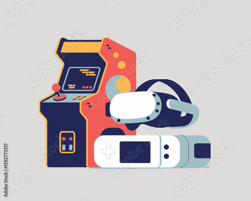 Retro Arcade Meets Modern VR: A Cartoon Illustration of Gaming Evolution, Handheld Console, Classic Cabinet, and Virtual Reality Headset.