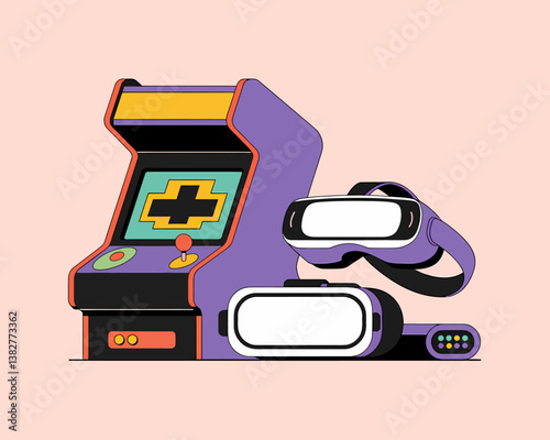 Retro Arcade Meets Virtual Reality: Gaming Evolution Illustration, Featuring Vintage Cabinet and Modern VR Headsets