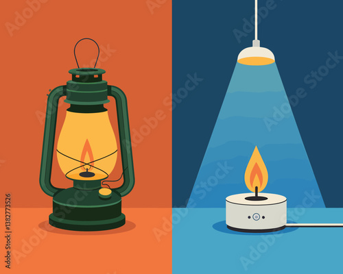 Old vs. New Illumination: Antique Kerosene Lantern and Modern Electric Candle Light on a Split Background