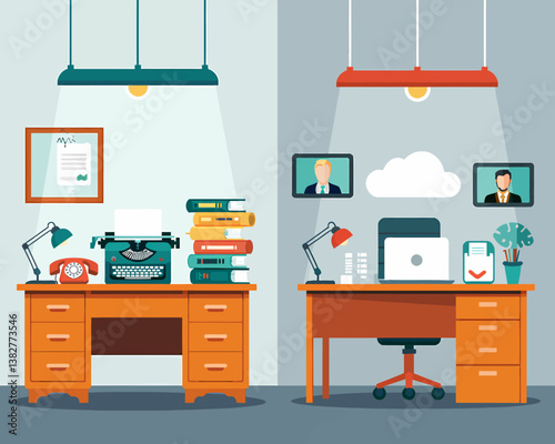 Evolution of Workplace: From Typewriter to Cloud Computing Flat Vector Illustration, Past and Present Office