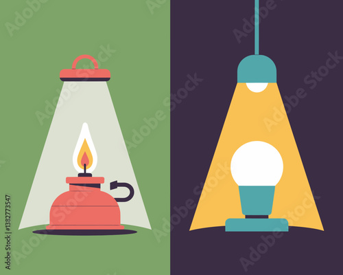 Retro Kerosene Lamp vs. Modern Lightbulb: Contrasting Lighting Technologies, Minimalist Comparison of Past and Present