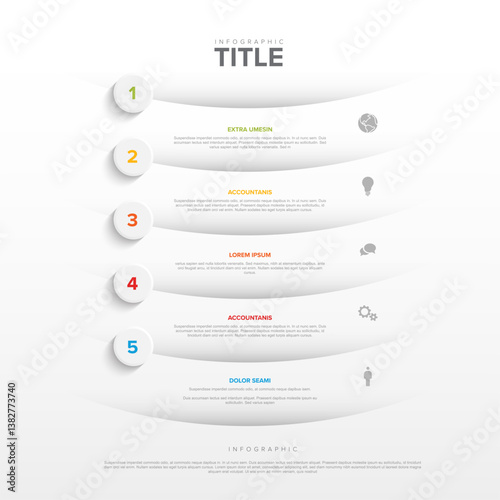 A clean and modern infographic features a five-step layout with numbered sections, icons, and placeholders for text. Ideal for business or educational visual presentations.