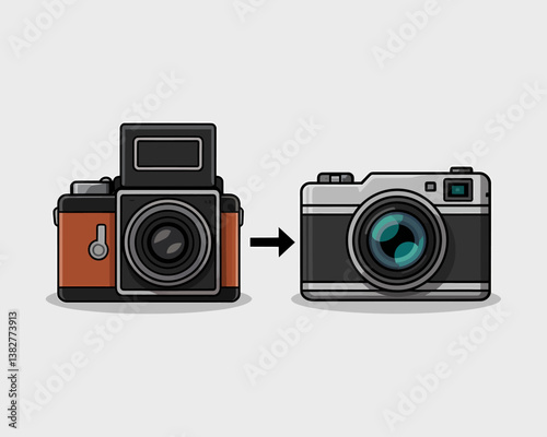 Camera evolution illustration: From vintage style to modern digital technology, an artistic representation of photographic progress