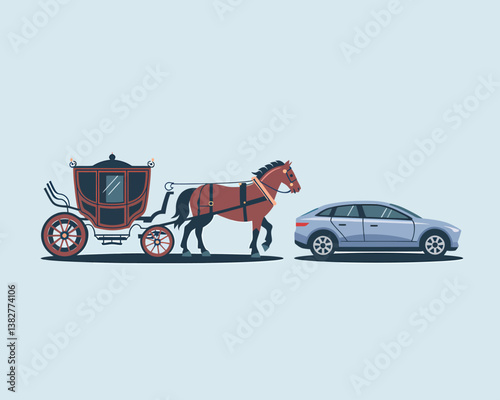 Horse-Drawn Carriage Meets Modern Electric Car: A Contrast of Transportation Eras