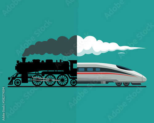 Locomotive Evolution: Visual Contrast of Vintage Steam Train and Modern High-Speed Rail