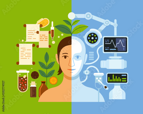 Integrative Medicine Concept: Balancing Natural Remedies and Advanced Technology for Holistic Healthcare Solutions