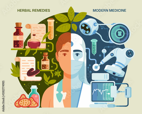 Herbal Remedies vs. Modern Medicine: A Comparative Health Care Concept Illustrating Traditional and Advanced Treatment Methods