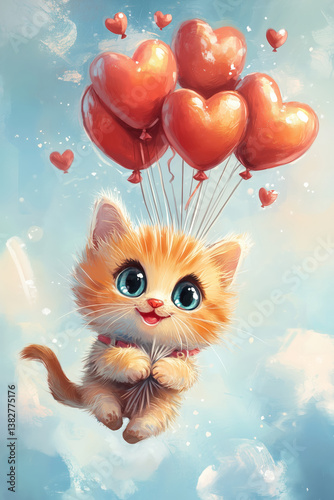 Cute Kitten Flying with Heart Balloons: Adorable Digital Art Illustratio