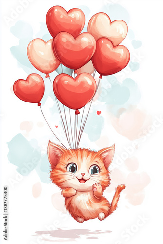 Adorable Ginger Kitten Flying with Heart Balloons - Valentine's Day Illustration