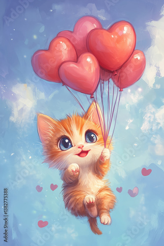 Cute Ginger Kitten Flying with Red Heart Balloons on Blue Sky Background
