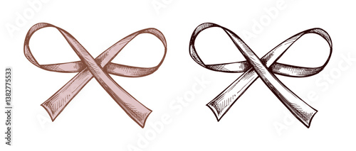 Hand drawn colored and black vintage sketch of a decorative bow with ribbons