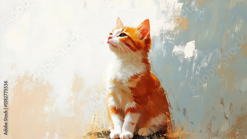 Artistic Ginger Kitten Looking Up - Digital Pet Portrait with Abstract Background