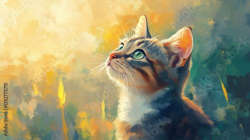 Curious Tabby Kitten Looking Up - Digital Pet Portrait with Vibrant Abstract Background