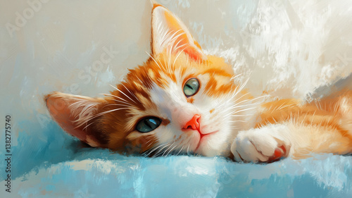 Sleepy Ginger Kitten with Blue Eyes - Digital Painting of Cat Resting on Turquoise Surface