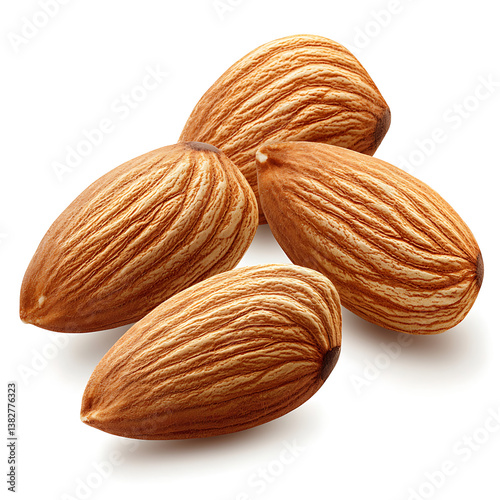 Four raw almonds arranged closely together on a white surface showcasing their textured light brown surfaces and elongated shapes.