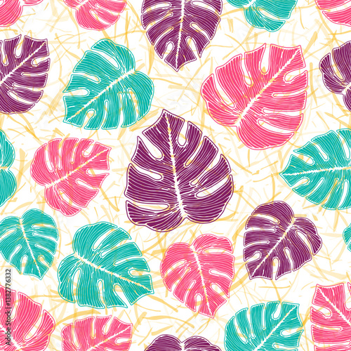 Monstera plant foliage floral repeat ornament over noisy background. Fashiona...