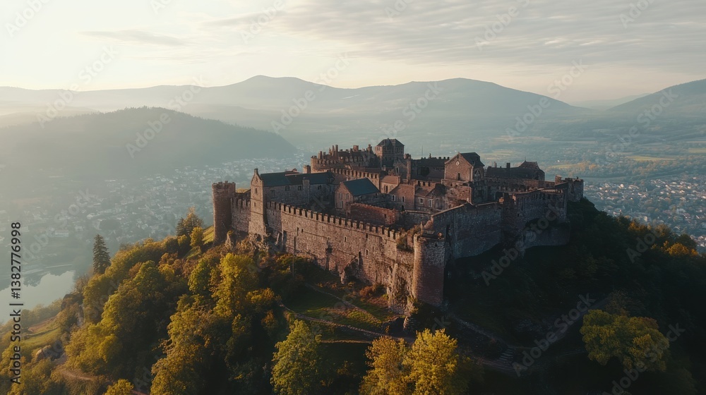 Exploring Ancient Castle Fortress on Hilltop with Misty Mountain Backdrop