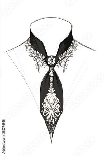 Elegant Shirt Collar with Ornate Tie - Black and White Fashion Illustration