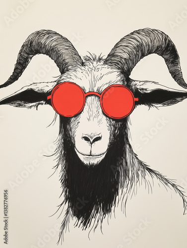 Horned Goat with Round Red Sunglasses - Black and White Ink Drawing with Color Accent