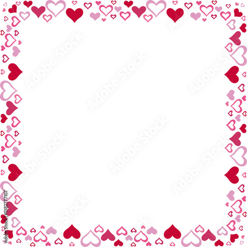 Square border made with many small hearts, color. Vector illustration made with red heart silhouettes on a white background creating a square border.
