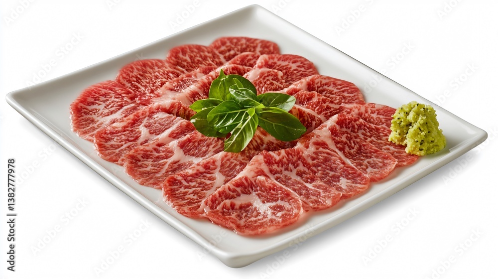Japanese-style carpaccio with thin slices of Kobe beef, drizzled with yuzu ponzu sauce, garnished with shiso leaves, served on a minimalist white plate Japanese-style carpaccio with thin slices of Kobe beef, drizzled with yuzu ponzu sauce, garnished with shiso leaves, served on a minimalist white plate