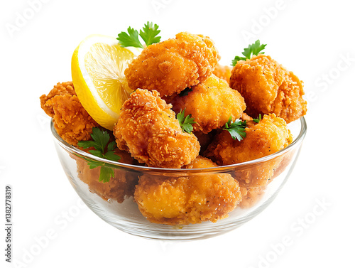 Crispy Golden Fried Chicken Bites Garnished with Lemon & Parsley, transparent background
