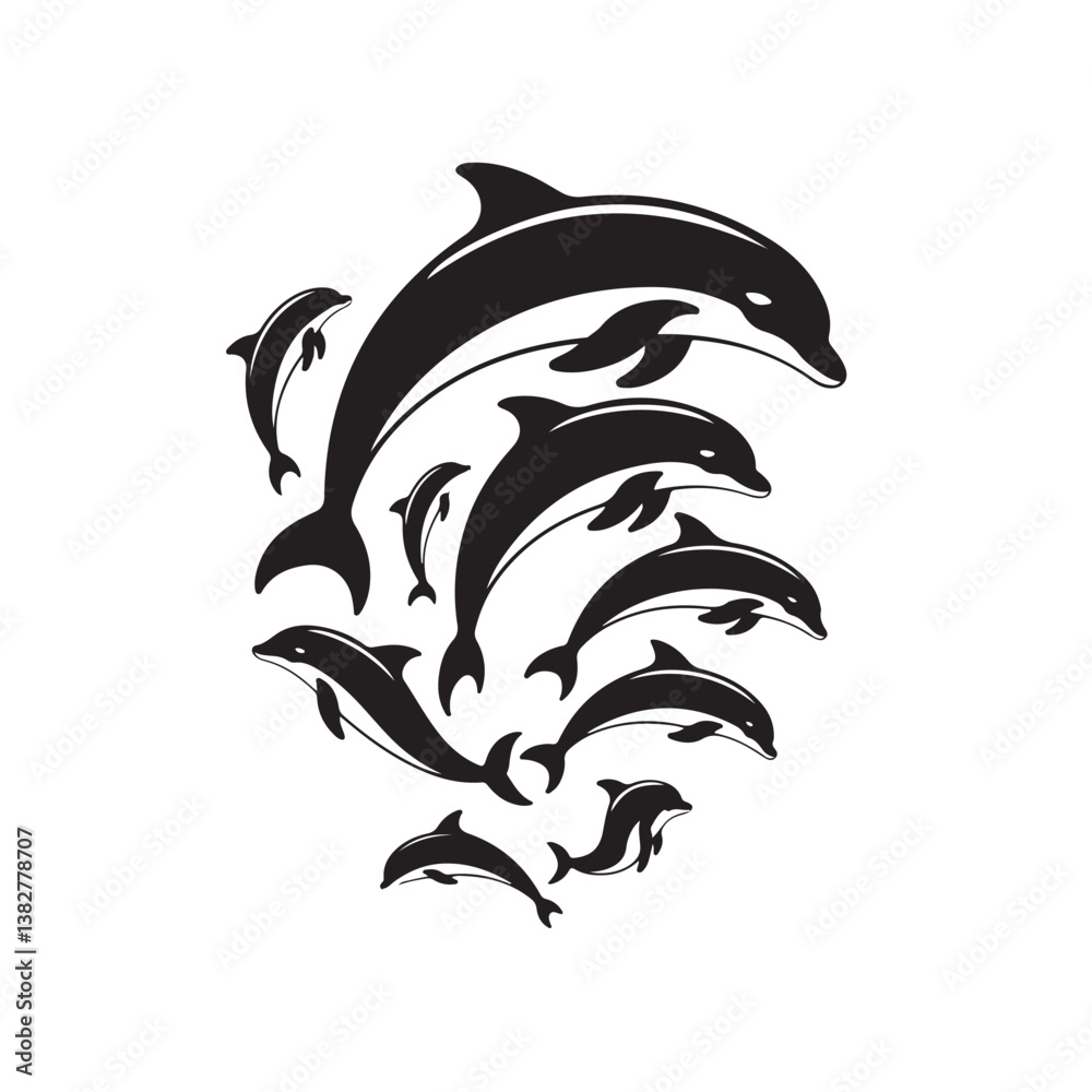 Naklejka premium Silhouette of Jumping Dolphins in Group – Vector Illustration of Marine Mammals Leaping in Synchrony Over Water, Ocean Animal Concept
