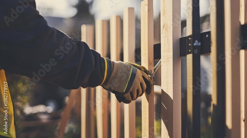 A construction worker fixing a fence at a building site. Featuring focus and craftsmanship