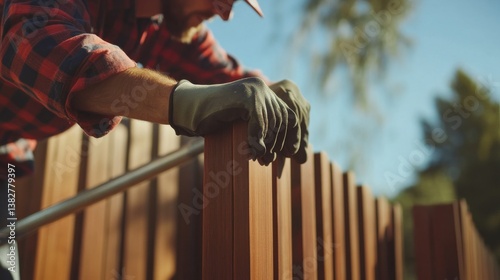A construction worker fixing a fence at a job site. Featuring craftsmanship and precision