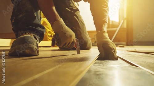 A construction worker fixing a floorboard at a building site. Featuring attention to detail and skill