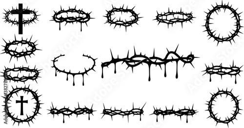 set of Crown of thorns icons set. Black silhouette of a crown made of thorns. Christian symbol.
