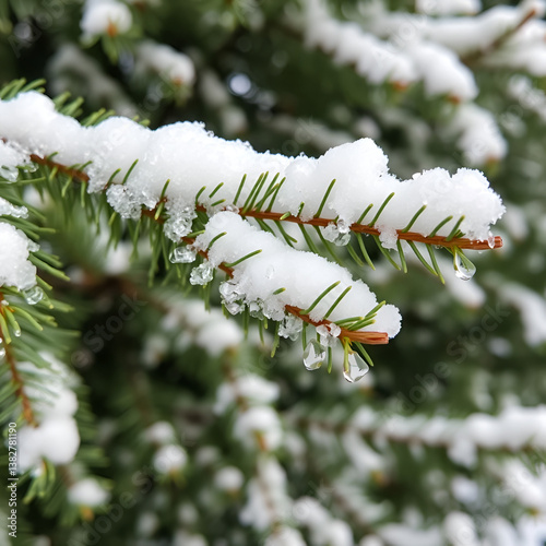 Freshly fallen snow on a wintergreen tree branch , conifer, outdoor