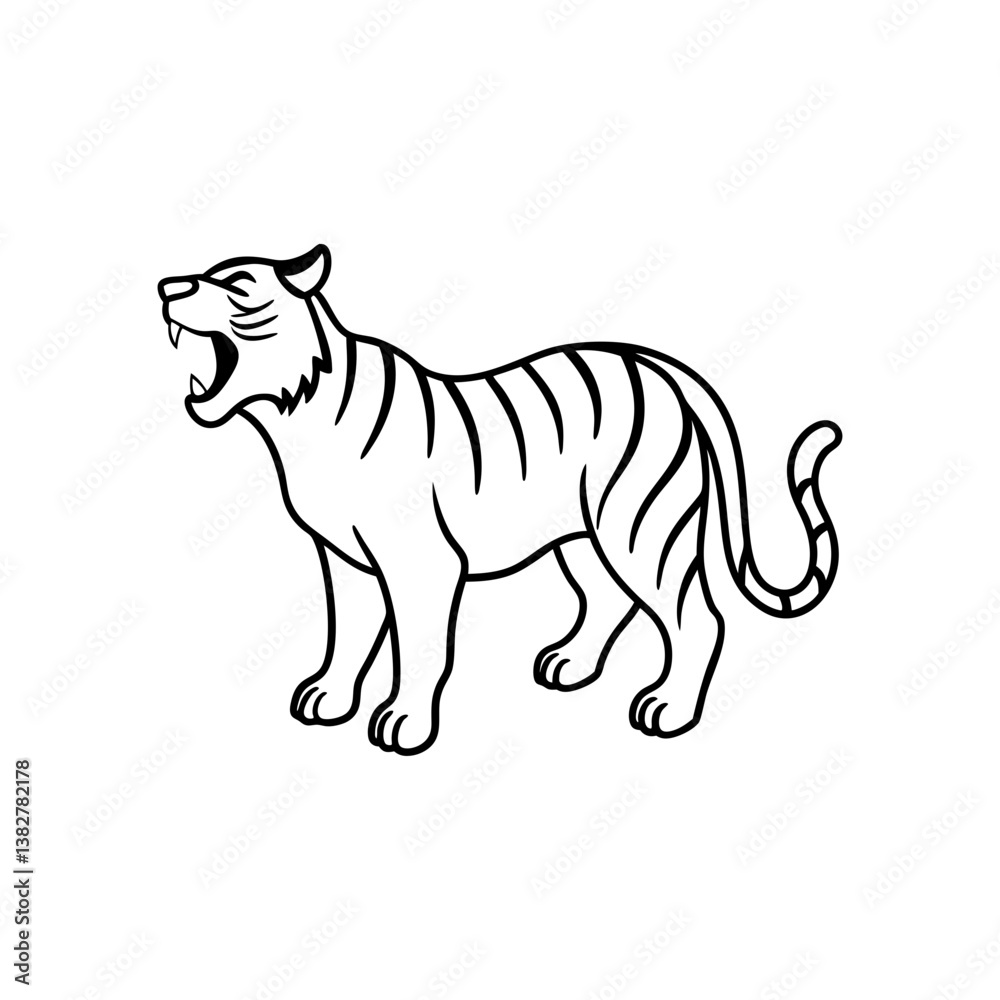 Fototapeta premium A Tiger roaring in the jungle bold line art illustration