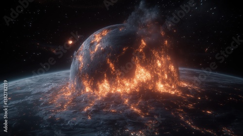 Planet engulfed in flames surrounded by stars, depicting cosmic destruction at night