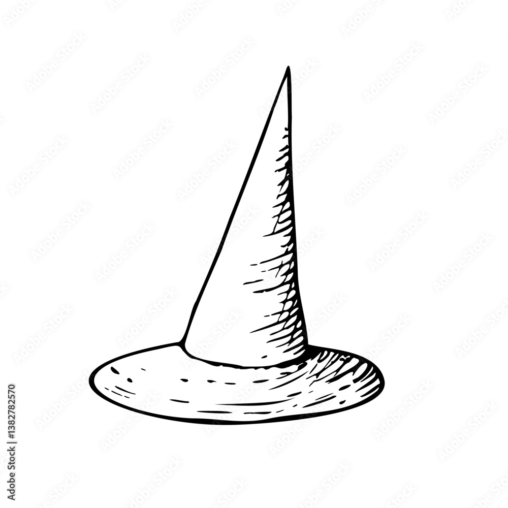 Fototapeta premium Vector halloween witch hat. Hand painted linear wizard cap illustration. Graphic monochrome sketch isolated on background. For designers, prints, logo, icon, menu, postcards, holiday, covers