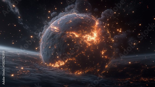 Fiery planet surrounded by cosmic dust amidst an expansive galaxy at the edge of the universe