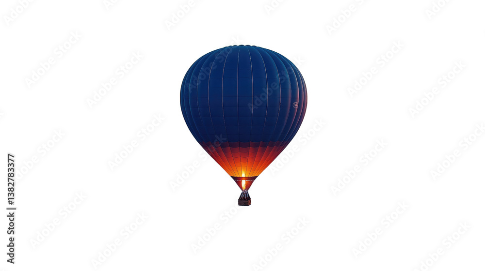 Obraz premium Hot Air Balloon in Flight: A vibrant blue and orange hot air balloon gracefully ascends against a clear sky, its glowing burner casting a warm light, symbolizing adventure and freedom. 