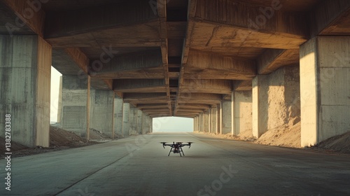 Obraz na płótnie Drone on Asphalt Underneath Concrete Overpass Structure with Open Sky View w salonie