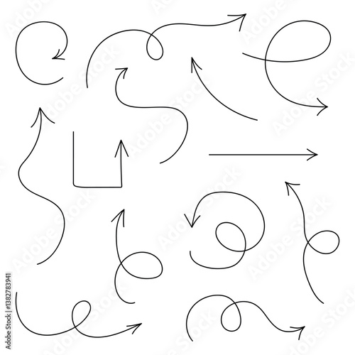 Set of simple lines hand drawn black arrows in various style. Set of simple of hand drawn black arrows. Set of simple lines hand drawn black arrows. Various of simple lines arrows collection