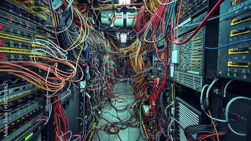 The view reveals a chaotic setting where numerous tangled wires and cables run between shelves lined with electronic devices, illuminated by overhead lights.