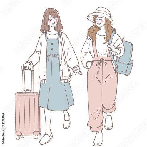 旅行に出かける女性二人のイラスト