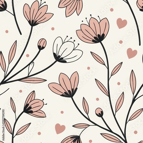 Watercolor Elegant Floral Seamless Pattern, Delicate floral pattern with soft colors and whimsical hearts, perfect for backgrounds or textile designs. Isolate on white background, commercial use