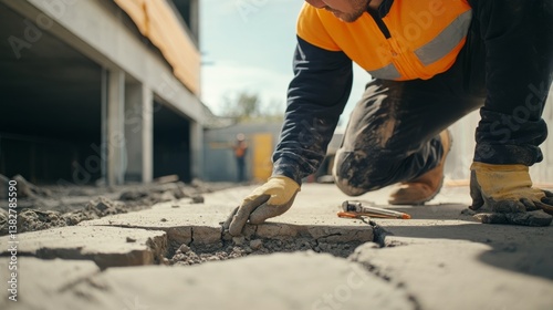 A construction worker inspecting a building's foundation for cracks. Featuring careful examination and focus