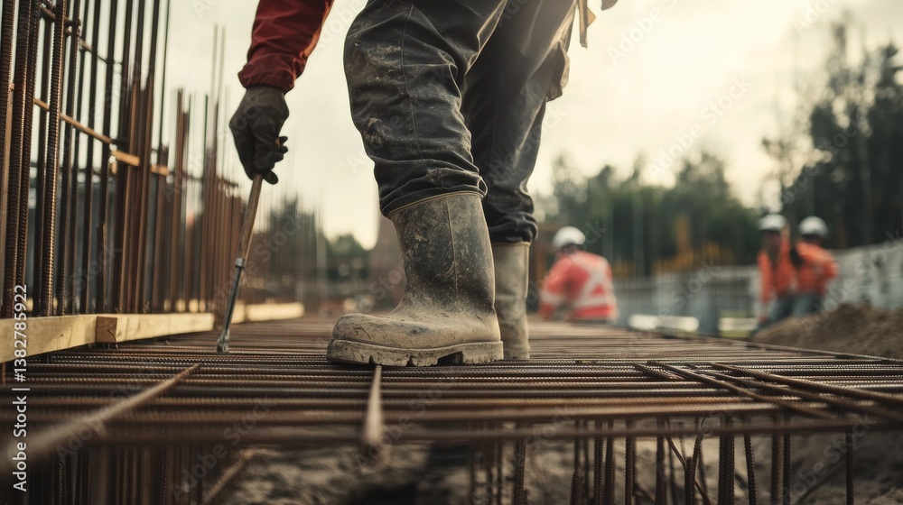 A construction worker inspecting a building's structural framework. Featuring focus and care A construction worker inspecting a building's structural framework. Featuring focus and care
