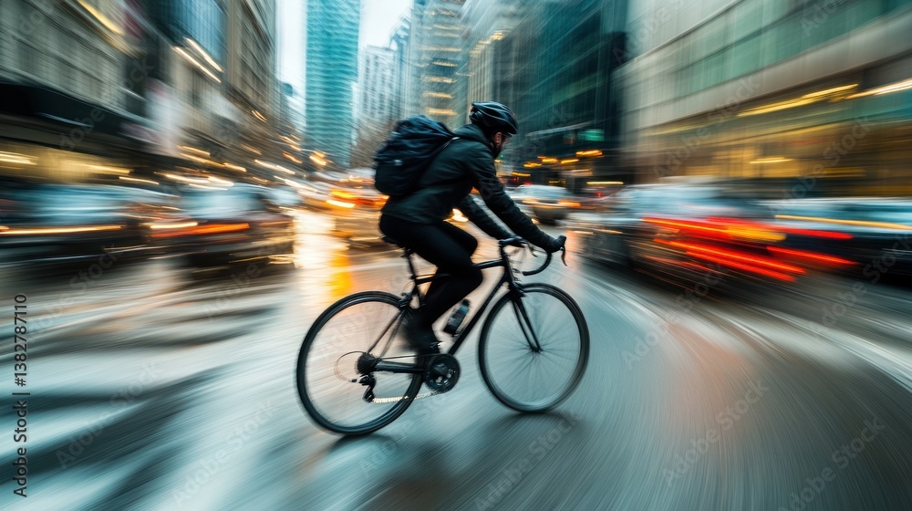 Person Cycling Fast on Wet City Street with Motion Blur Effect